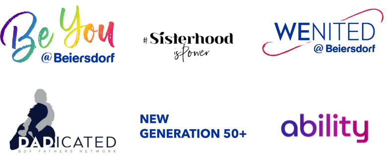 Collection of Beiersdorf employee network logos, including Be You @ Beiersdorf, Sisterhood @ Beiersdorf, WENITED @ Beiersdorf, DEDICATED, New Generation 50+, and Ability, representing diversity and inclusion initiatives.