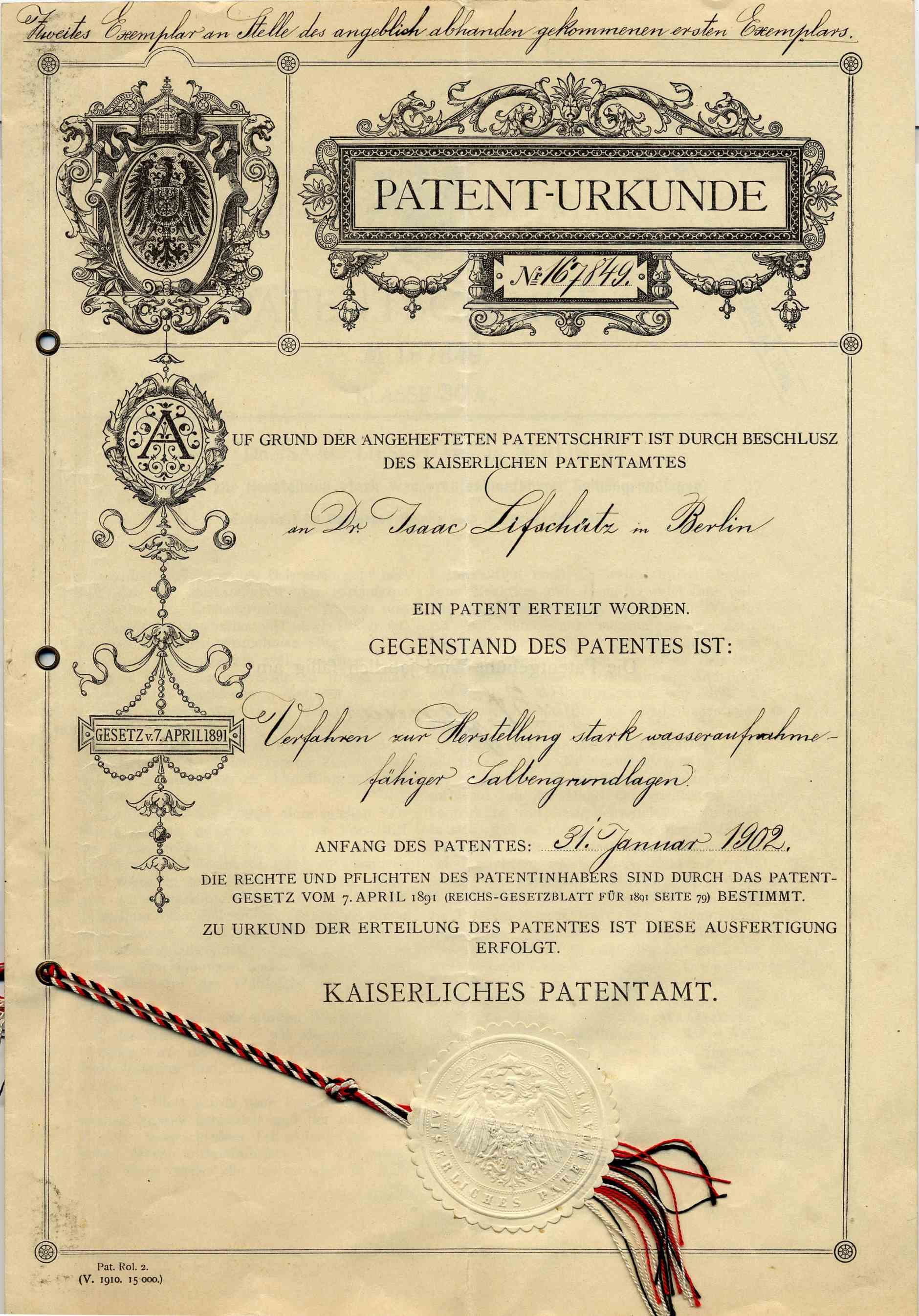 Eucerin patent application 1900
