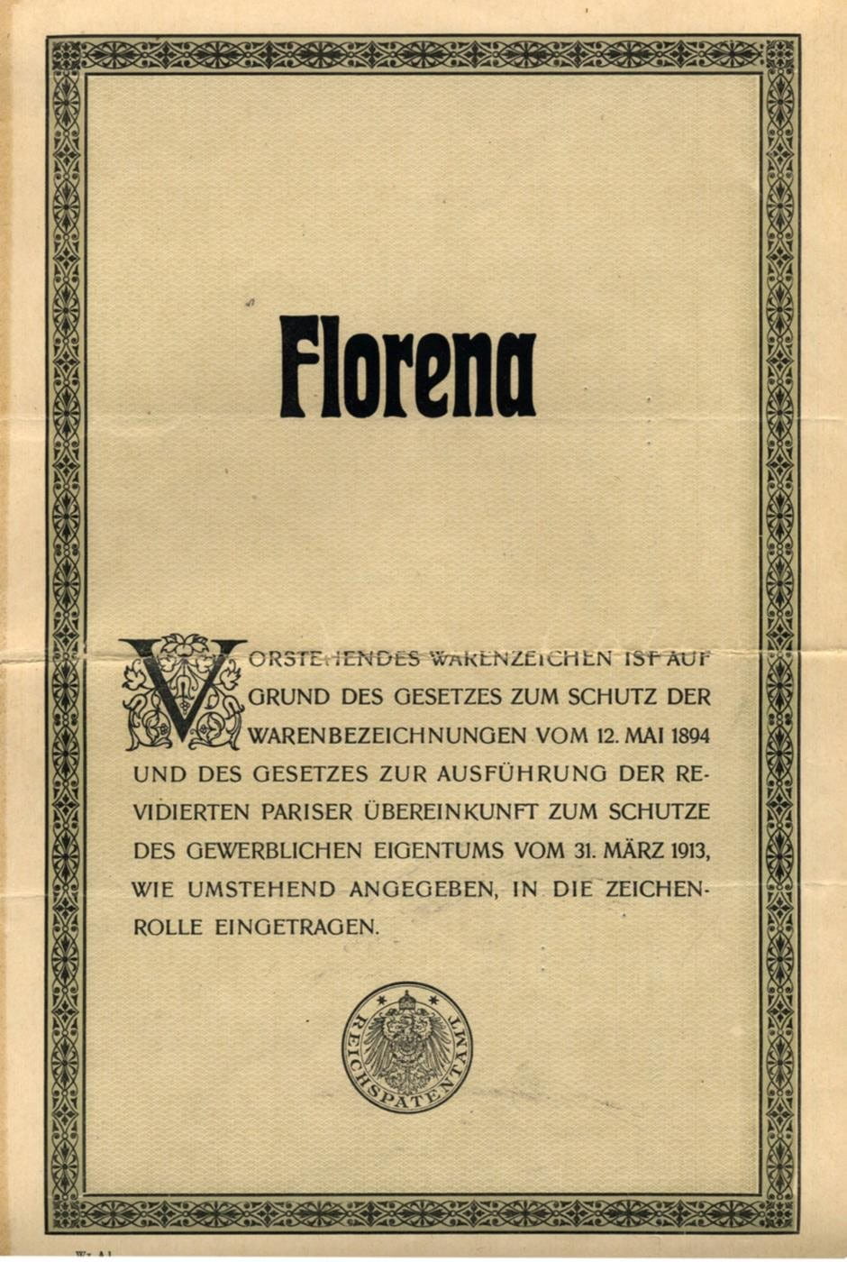 Florena brand registration 1920