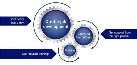 Human Resources gearwheel to show the connection between on-the-job-development, learning from others and training