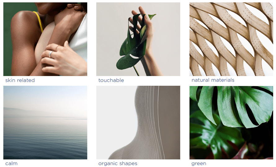 The 6 displayed attributes are "skin related", "touchable", "natural materials", "calm", "organic shapes" and "green".