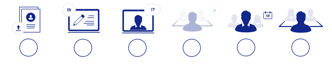 Row of blue line icons representing user profiles, documents and identification steps arranged in sequence on a white background.