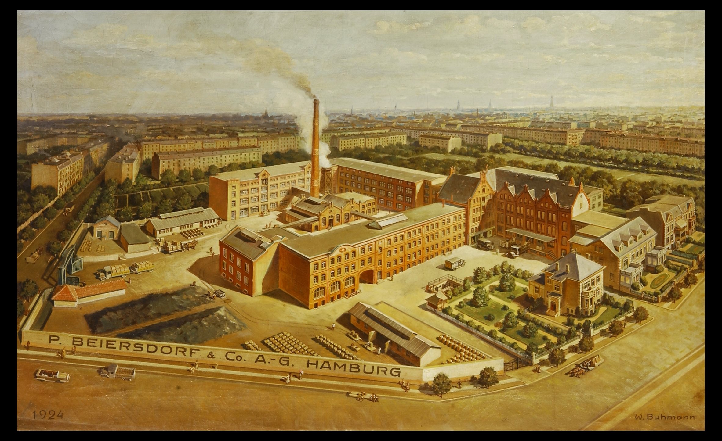 Illustrated aerial view of a historic industrial complex with red-brick factory buildings, a tall chimney and surrounding residential streets.