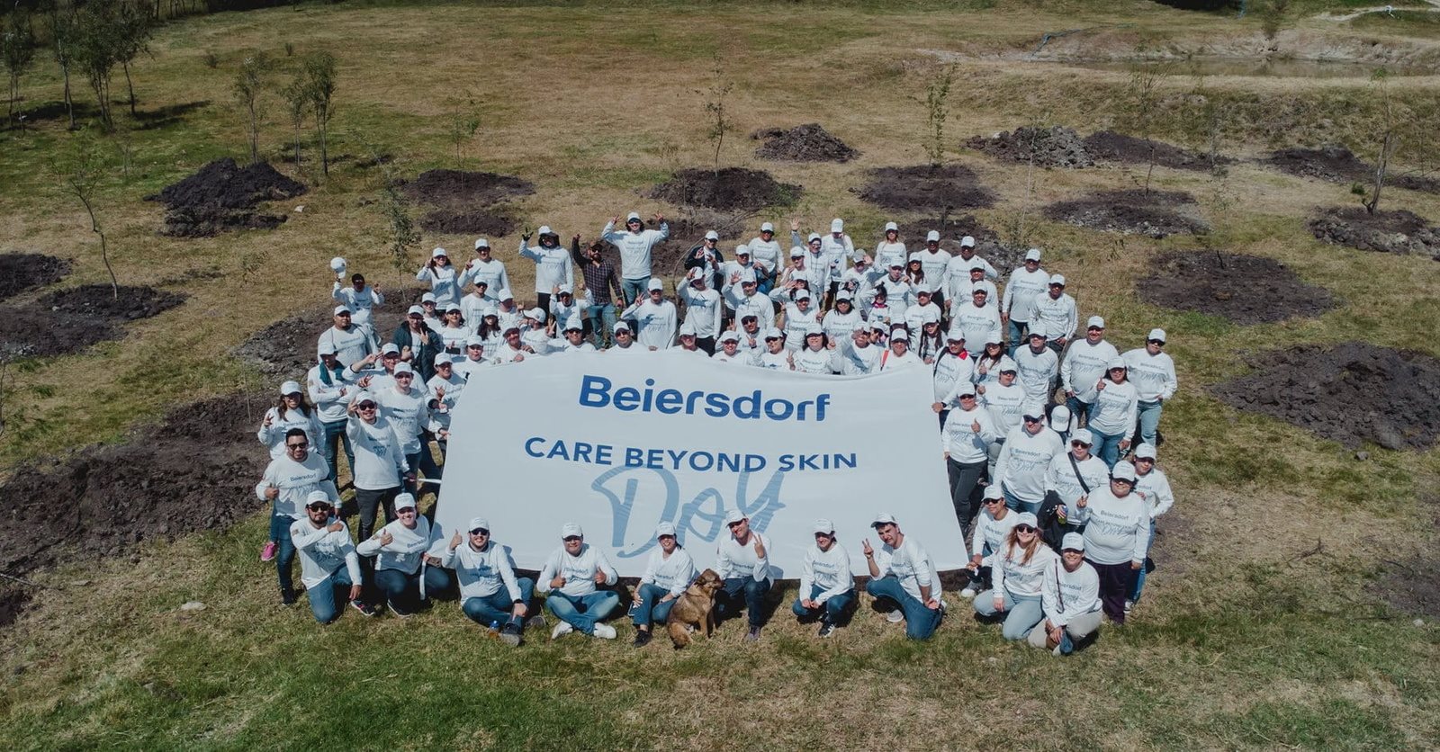 An aerial photograph of a large group of approximately fifty people wearing matching white long-sleeved shirts, gathered in a field. They are posing behind a large white sign that reads "Beiersdorf CARE BEYOND SKIN DAY" in blue lettering. The field behind them shows several small, freshly dug patches of dark soil, likely for a tree-planting activity.
