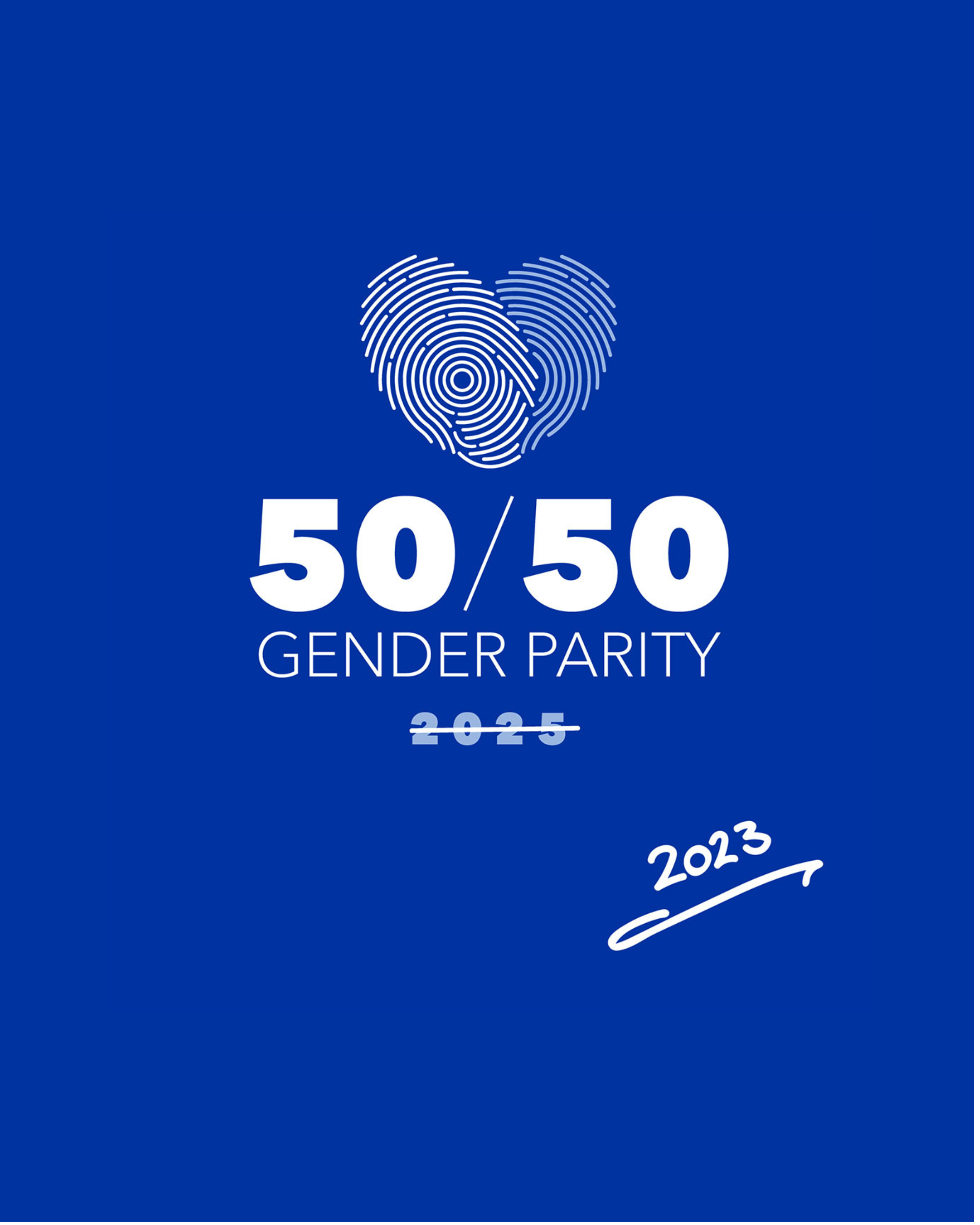 White font on blue background saying that Beiersdorf achieved 50/50 gender parity in 2023.
