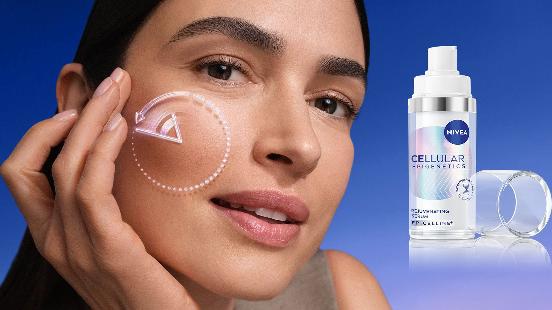 A woman touches her cheekbone area, featured next to a bottle of NIVEA CELLULAR Rejuvenating Serum.