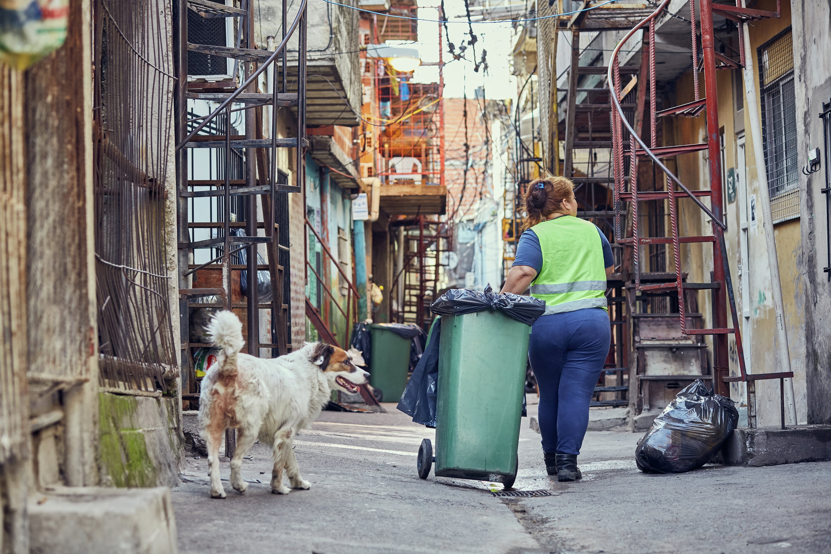 Person collecting waste in a narrow urban street, pushing a bin past residential buildings, with a dog nearby.