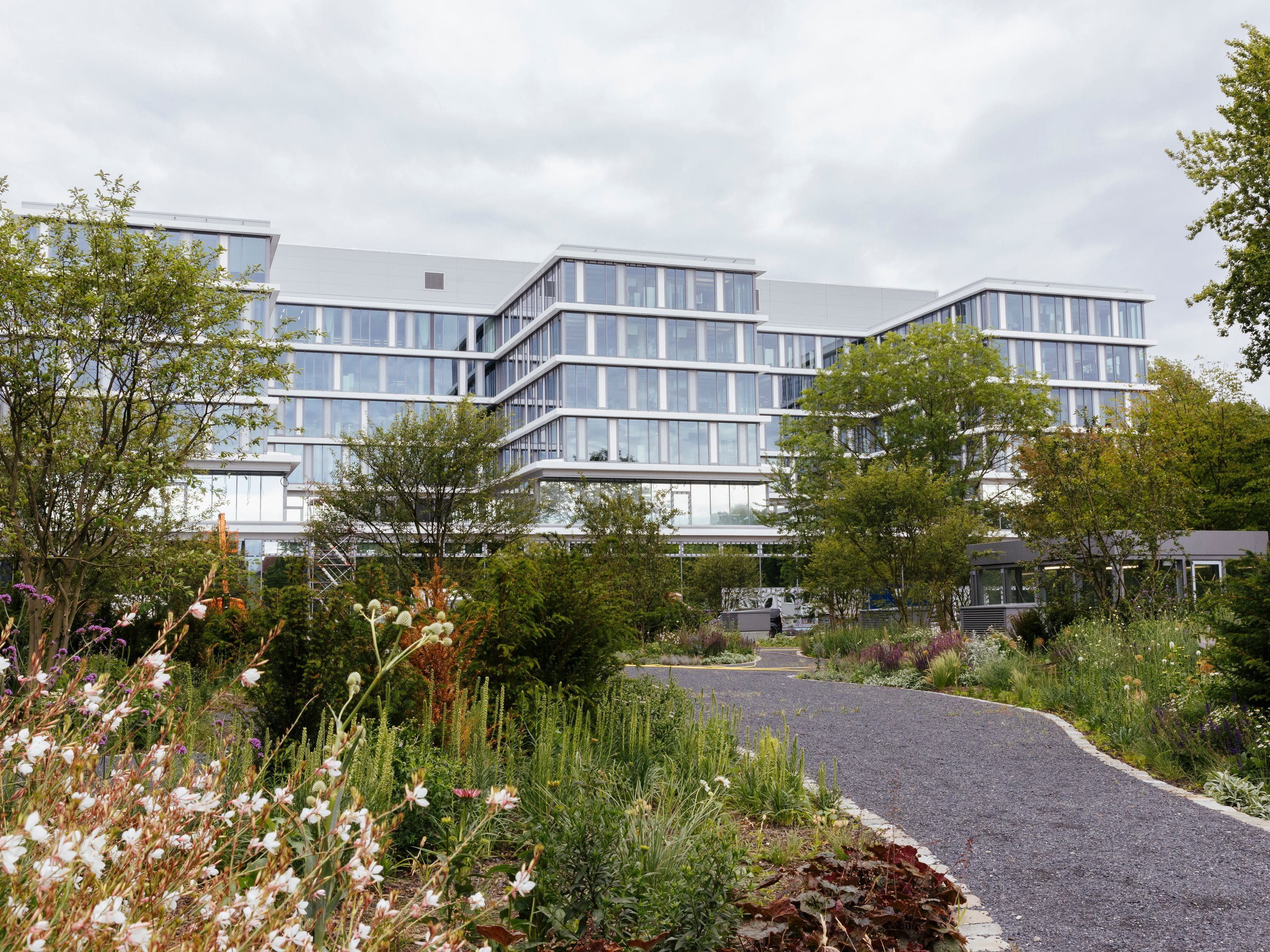 Green garden with modern office building in the background