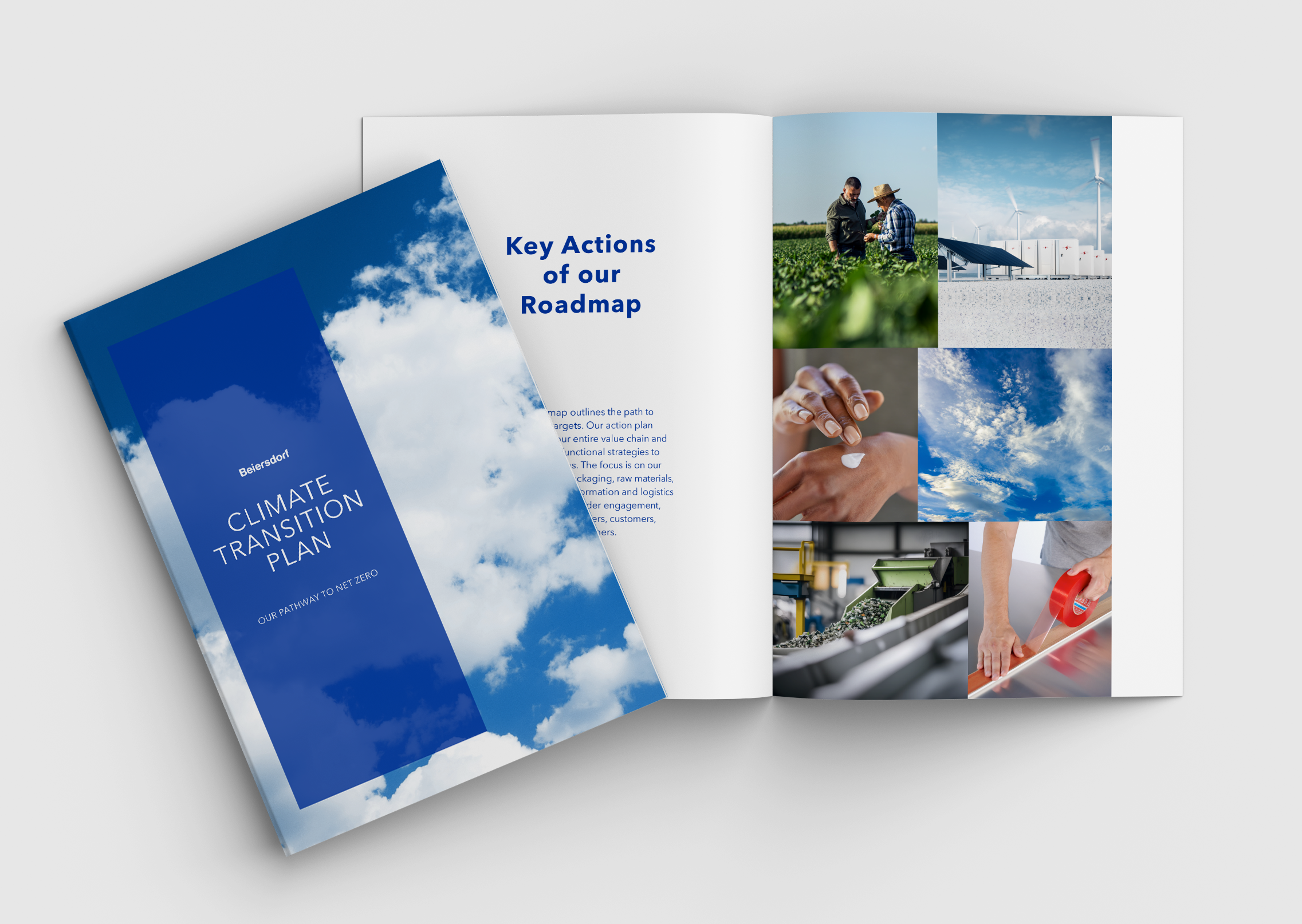 Open book with the title climate transition plan on grey background.