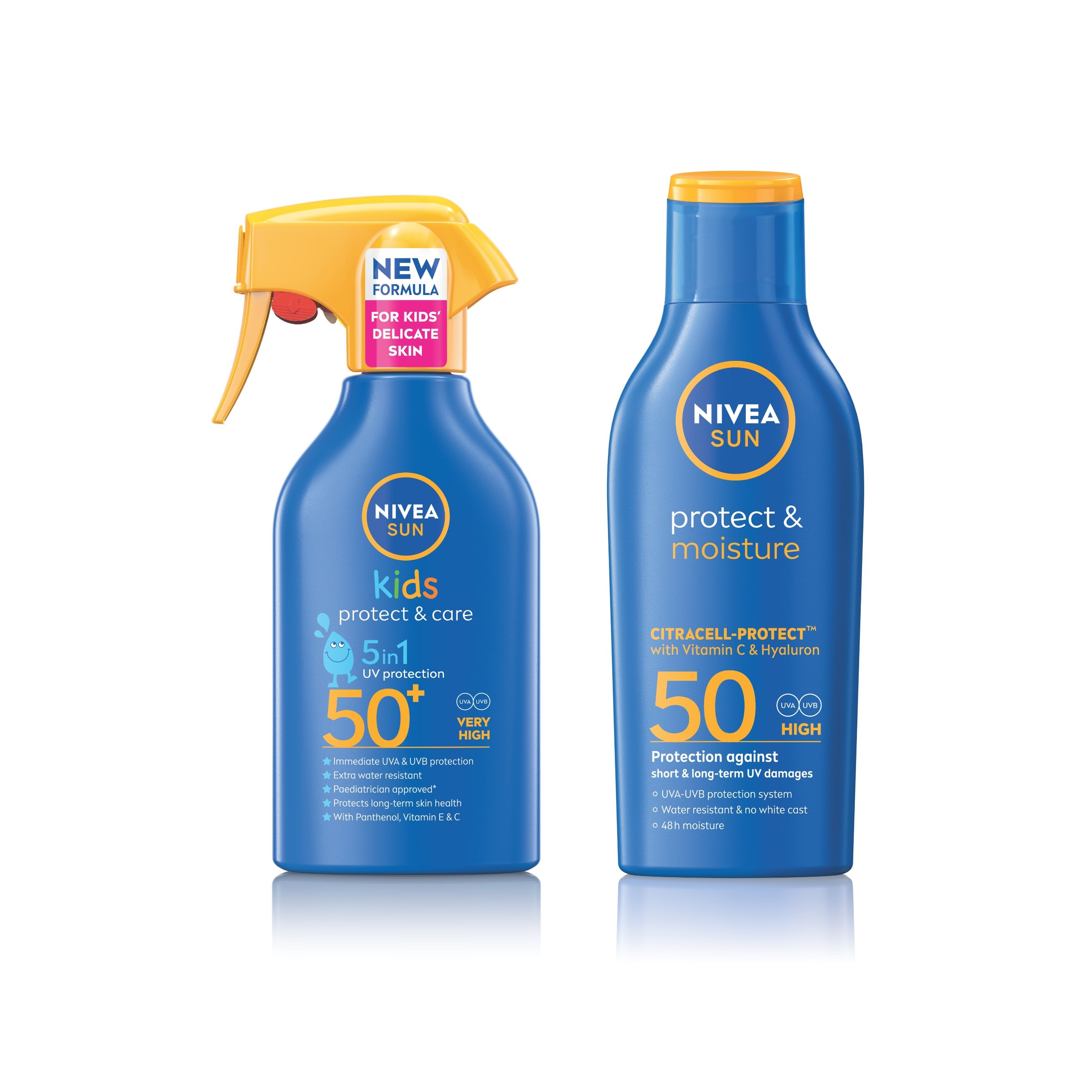 Three NIVEA Protect & Moisture SPF 50 sunscreen products, including a kids spray, a lotion bottle, and a spray bottle, displayed on a white background.