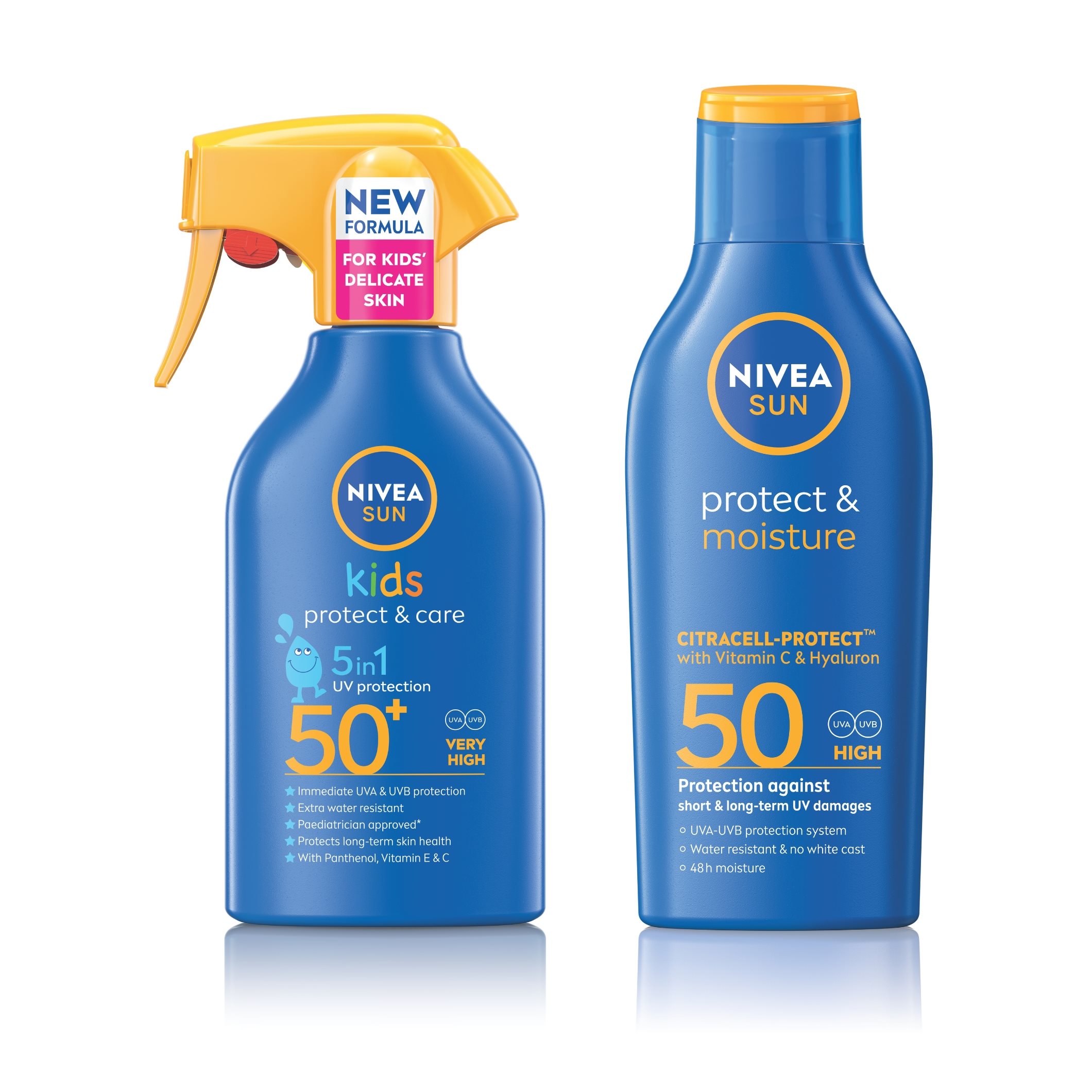 Three NIVEA Protect & Moisture SPF 50 sunscreen products, including a kids spray, a lotion bottle, and a spray bottle, displayed on a white background.